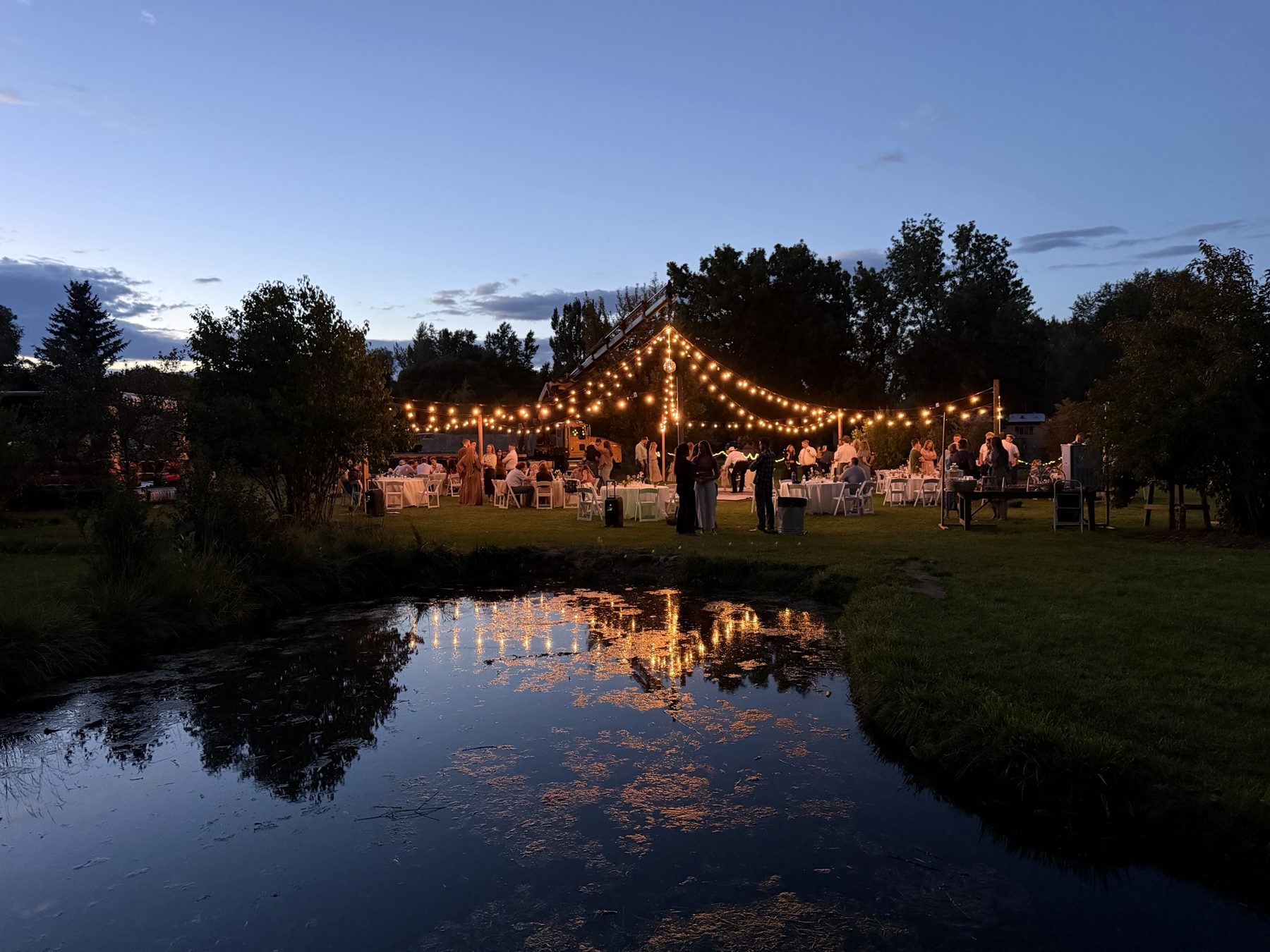 Evening gathering under string lights, reflected in a pond