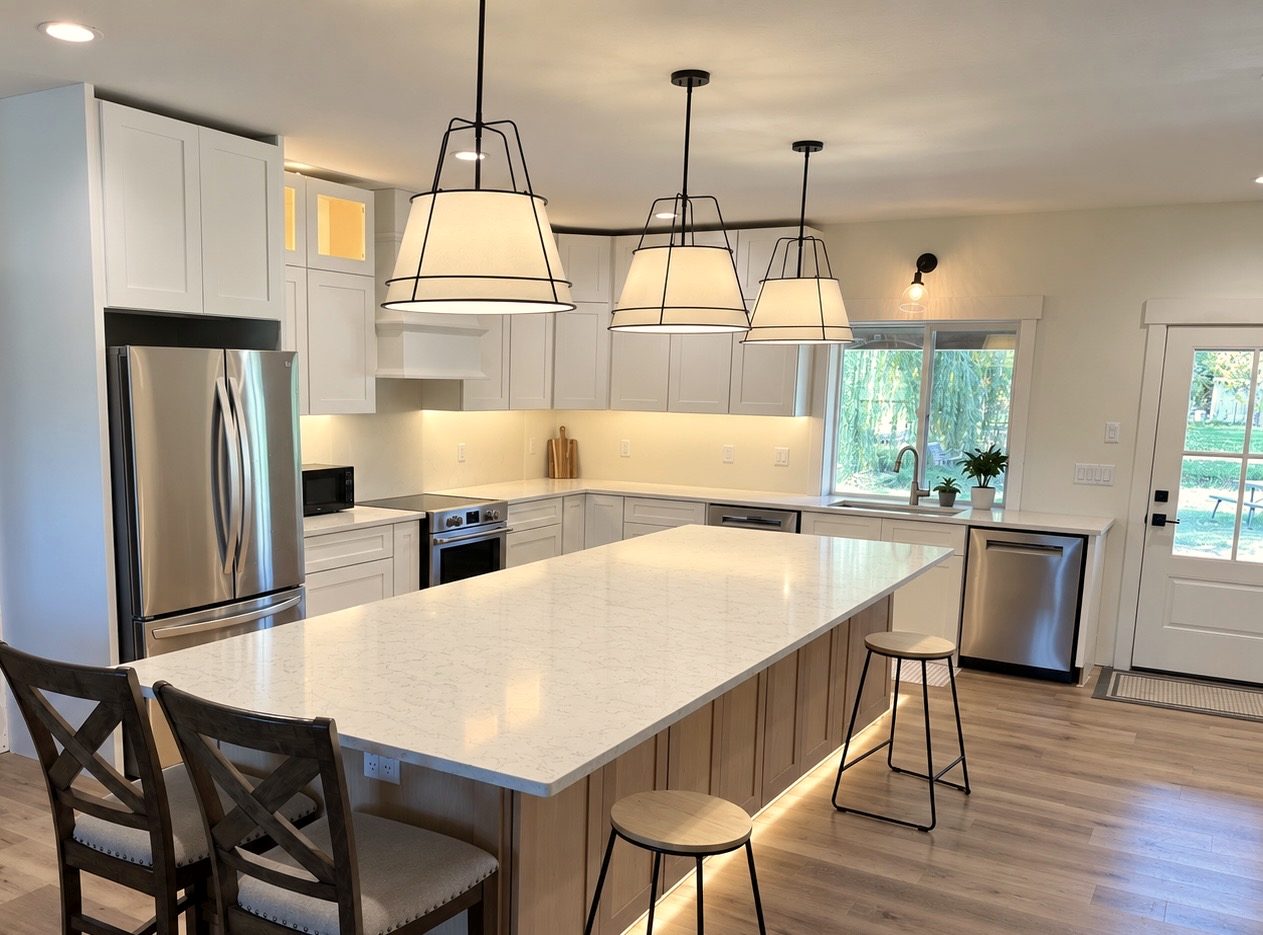 White kitchen with a wood island and warm pendant lights